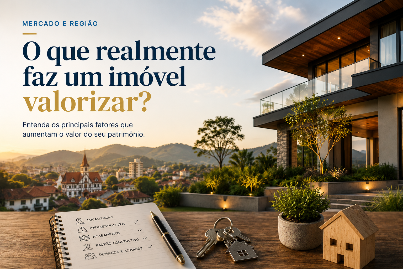 Arte editorial: casa moderna ao entardecer com caderno de fatores de valorização, chaves e maquete de casa.