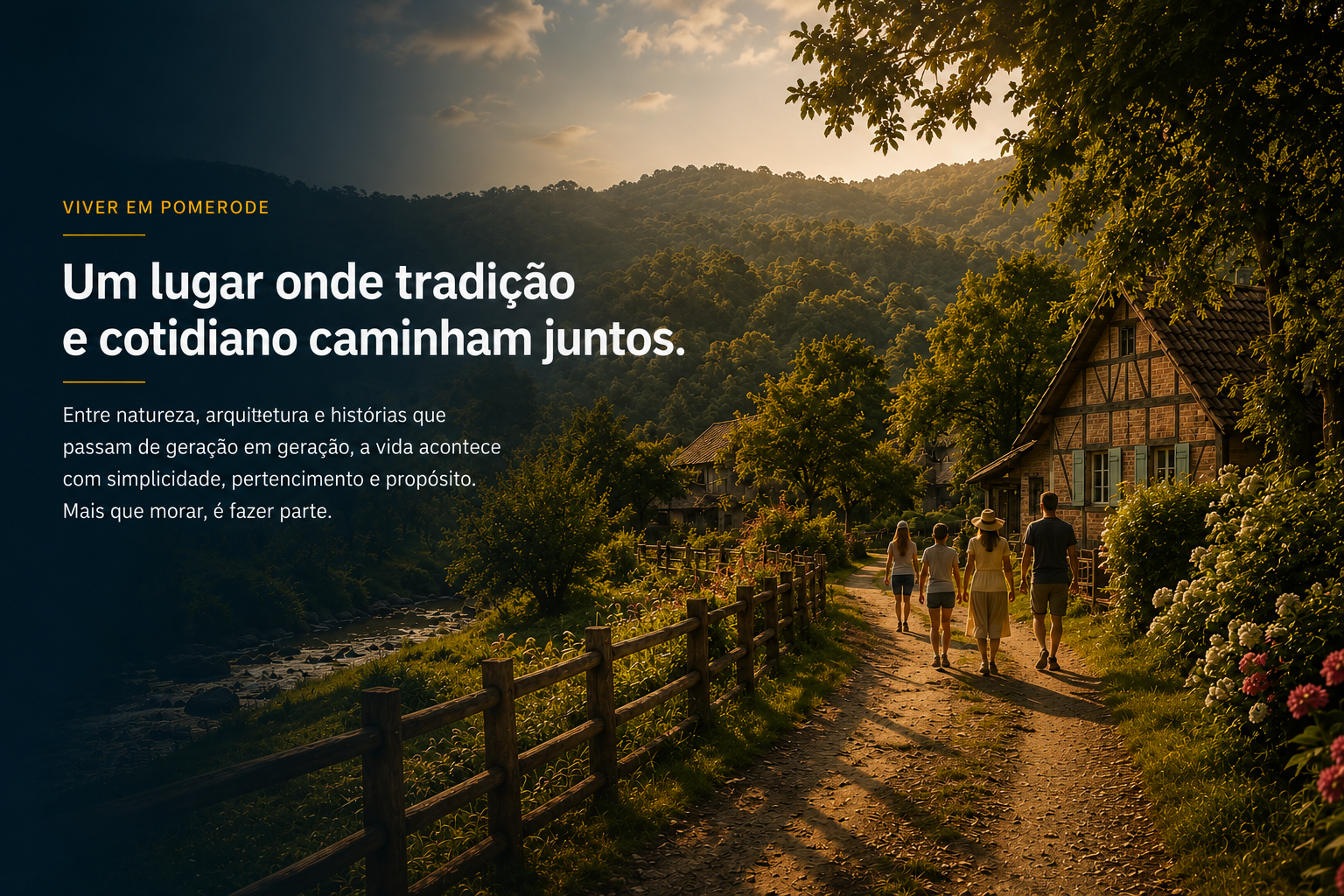 Imagem conceitual de um caminho rural com casas tradicionais e pessoas caminhando ao entardecer.