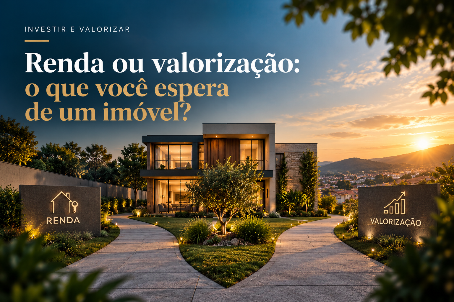 Arte editorial sobre investimento imobiliário, contrapondo geração de renda e valorização ao longo do tempo.