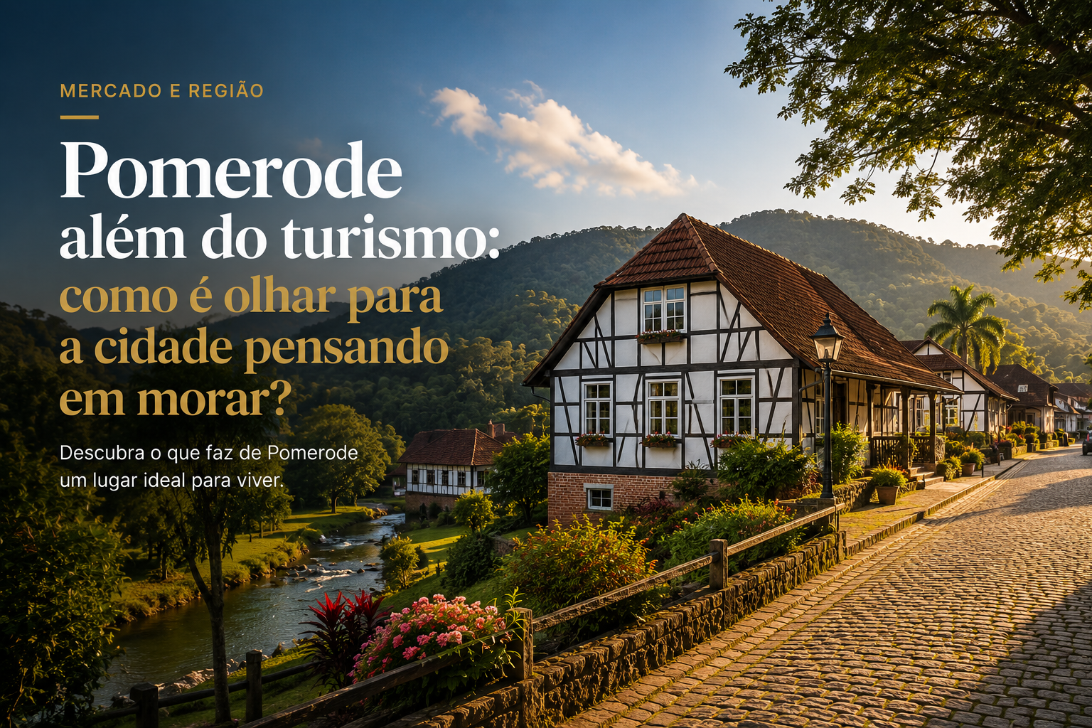 Imagem ilustrativa gerada por IA: rua de paralelepípedos com casas em estilo enxaimel, rio e montanhas, inspirada em cidades do Vale do Itajaí.