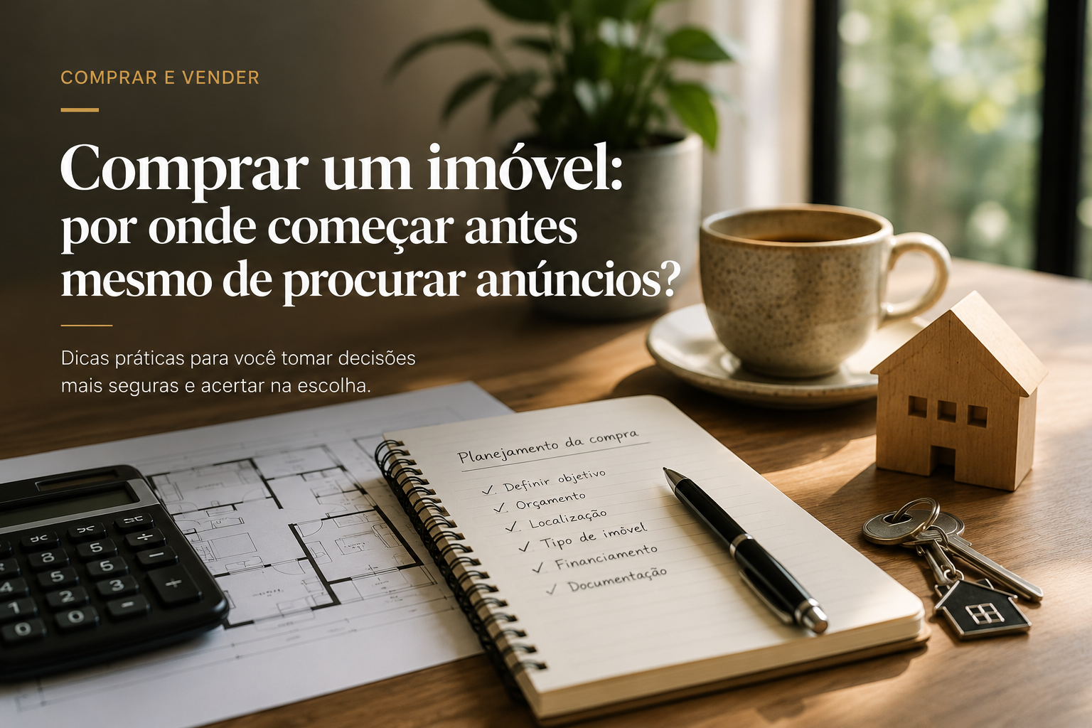 Arte editorial: mesa com planta de imóvel, caderno de planejamento da compra, calculadora, caneca e chaves com chaveiro de casa.