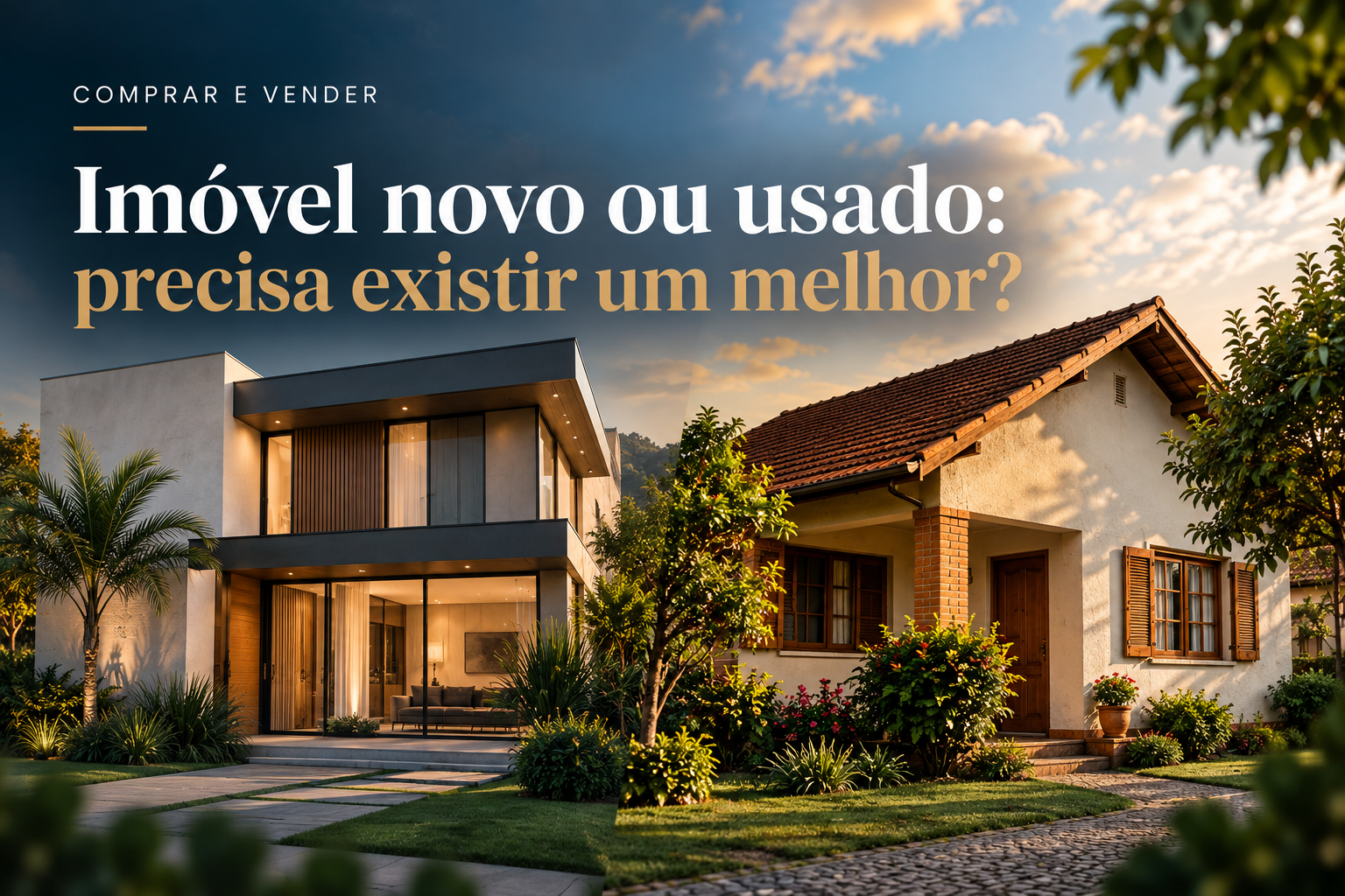 Arte editorial comparando um imóvel novo e um imóvel usado, sugerindo duas possibilidades de escolha.