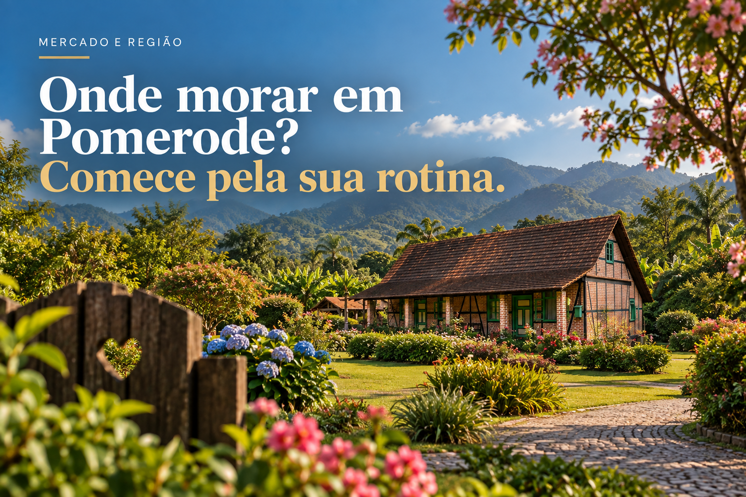 Rota do Enxaimel, em Pomerode/SC: estrada entre áreas verdes e casas em estilo enxaimel.